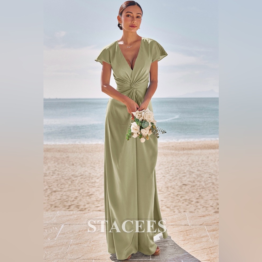 Stacees Sheath V Neck Floor-Length Stretch Satin Bridesmaid Dress - Celadon - Picture 4 of 7
